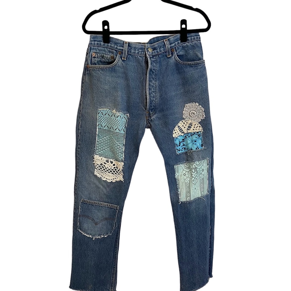 Hand crafted denim button up jeans lace patchwork boho hippy funky one of a kind